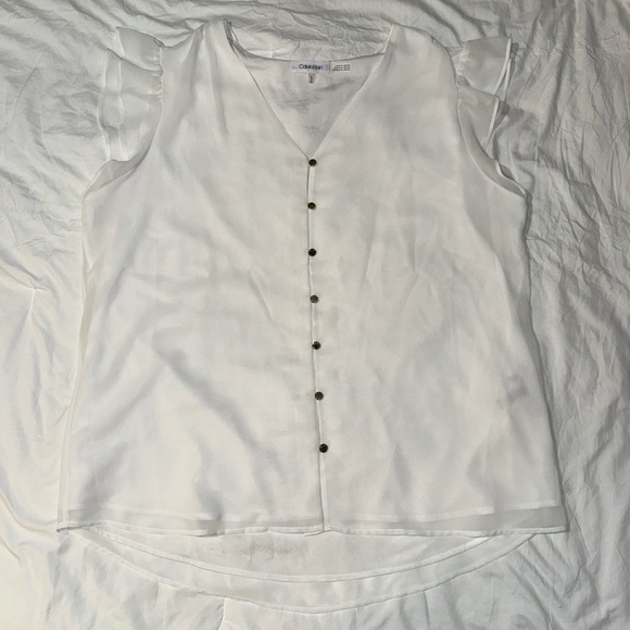 Calvin Klein | V Neck Button Down Short Cap Ruffle Sleeves Sheer Lined Blouse - Picture 4 of 11